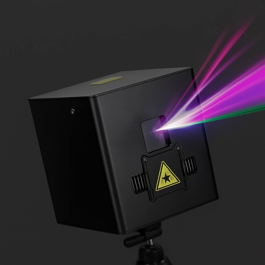 Projecteur laser RGB A8 StarshineLasers pour DJ et soirées, avec application Bluetooth, DMX, batterie 6800mAh, effets lumineux.