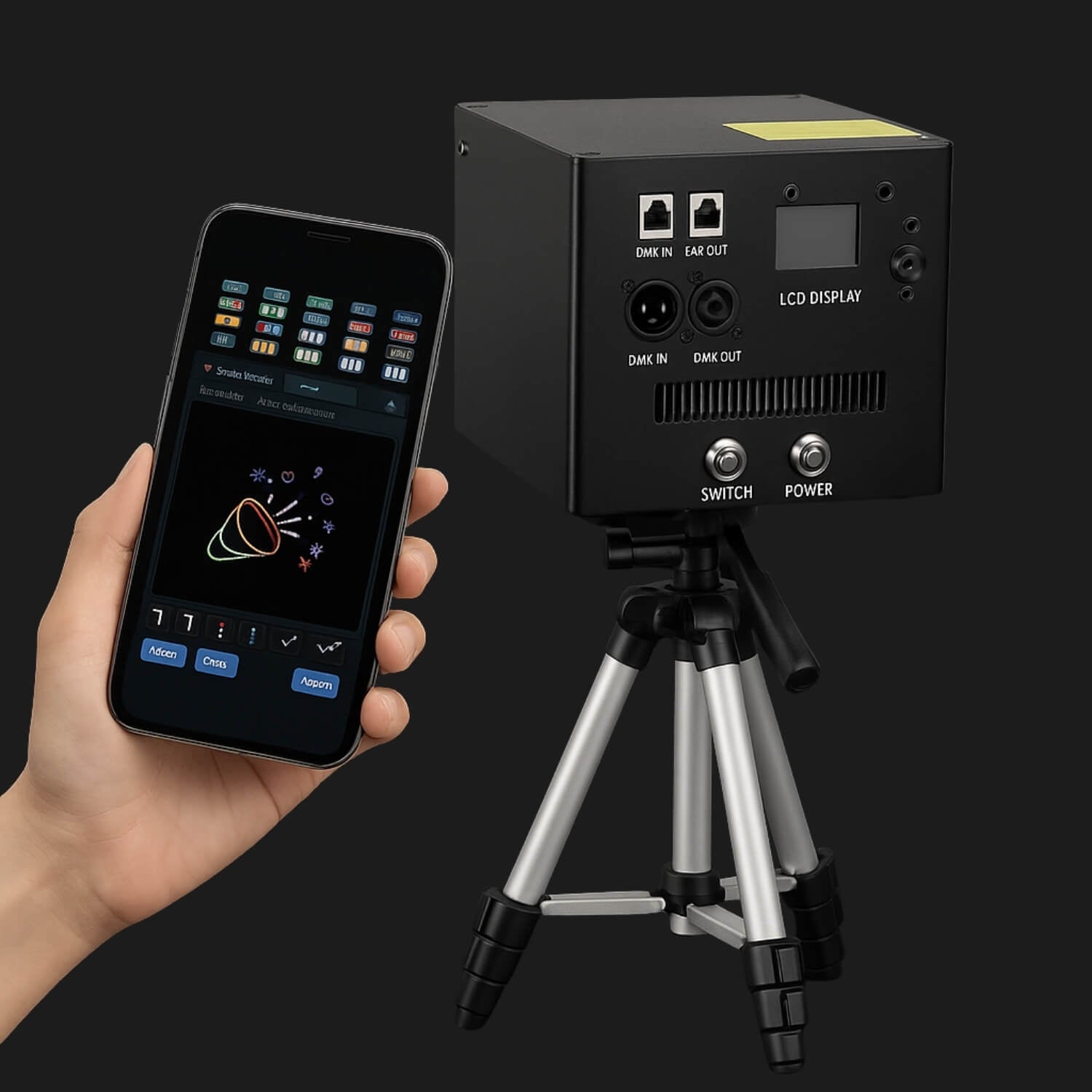 Projecteur laser RGB StarshineLasers A8 avec application Bluetooth, DMX, batterie 6800mAh pour DJ et événements lumineux.