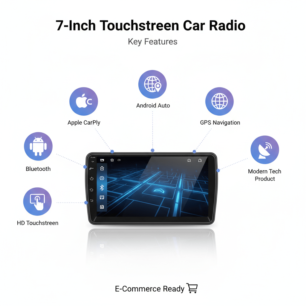 Autoradio tactile 7" de test-high tech avec Apple CarPlay, Android Auto, GPS et Bluetooth, affichage numérique moderne.
