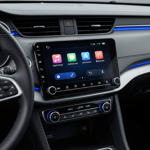 Autoradio tactile 7" de test-high tech avec Apple CarPlay, Android Auto, GPS et Bluetooth, affichage clair et moderne.