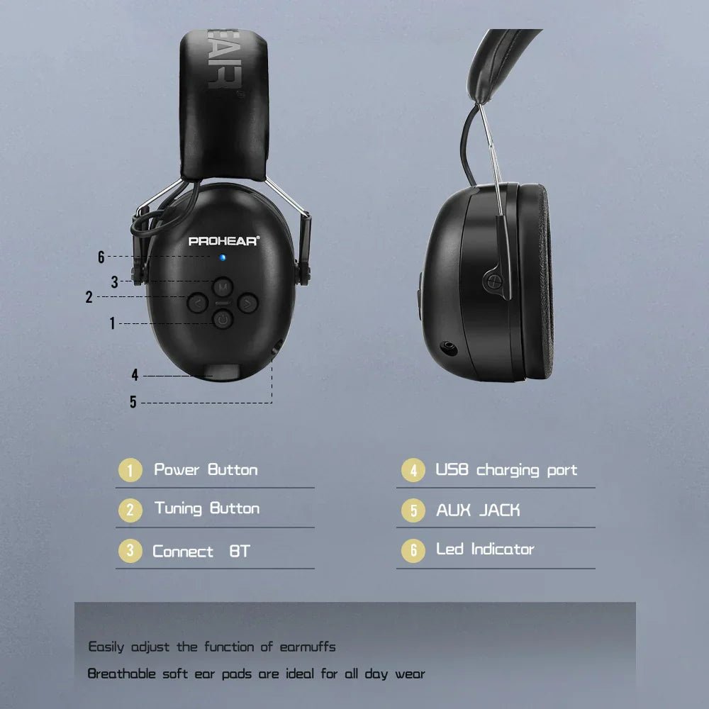 Casque anti-bruit Bluetooth CAN noir avec écouteurs électroniques, protection NRR 25dB et autonomie de 40h, pour musique et confort