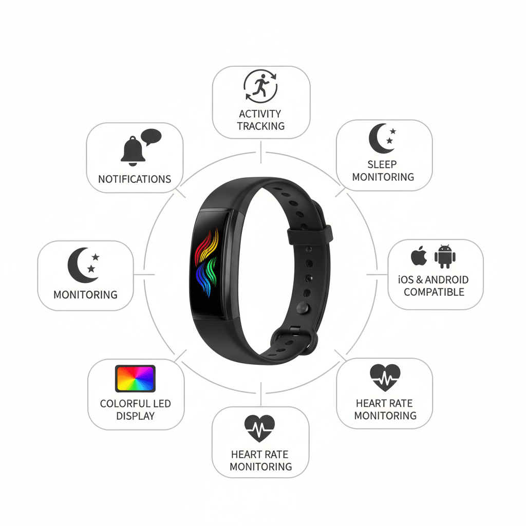 Bracelet connecté LED de test-high tech avec notifications, suivi de l'activité et du sommeil pour iOS et Android.