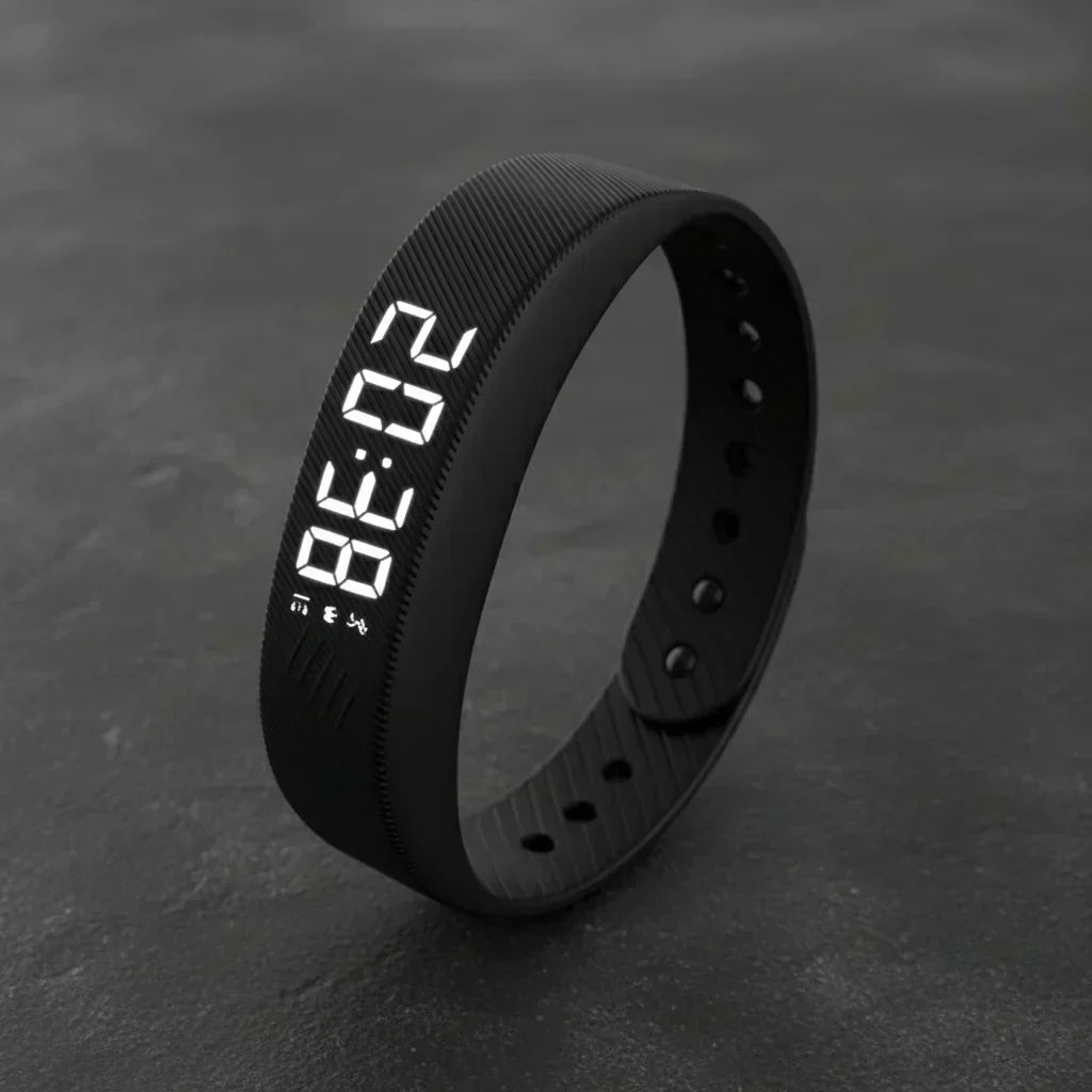 Bracelet connecté LED de test-high tech avec notifications, suivi d'activité et sommeil, porté au poignet.