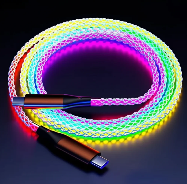 Câble chargeur RGB 66W de test-high tech avec éclairage LED, recharge ultra-rapide et câble coloré pour smartphones.