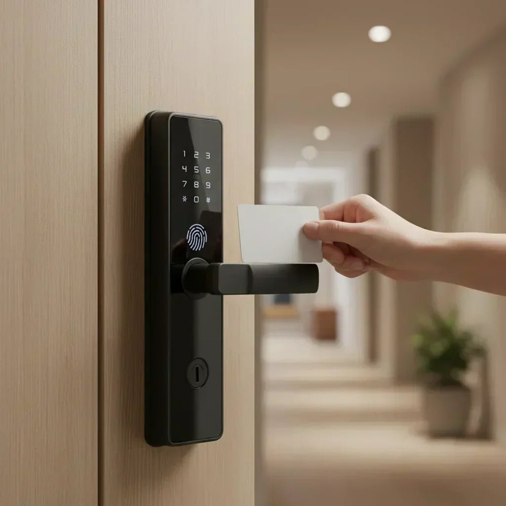Serrure intelligente MOES pour la sécurité à distance, montrant le dispositif installé sur une porte en métal.