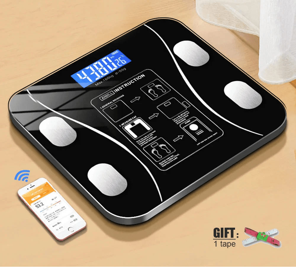 Balance connectée CAN, pèse-personne Bluetooth noir avec écran, affichage du poids et analyse corporelle complète.