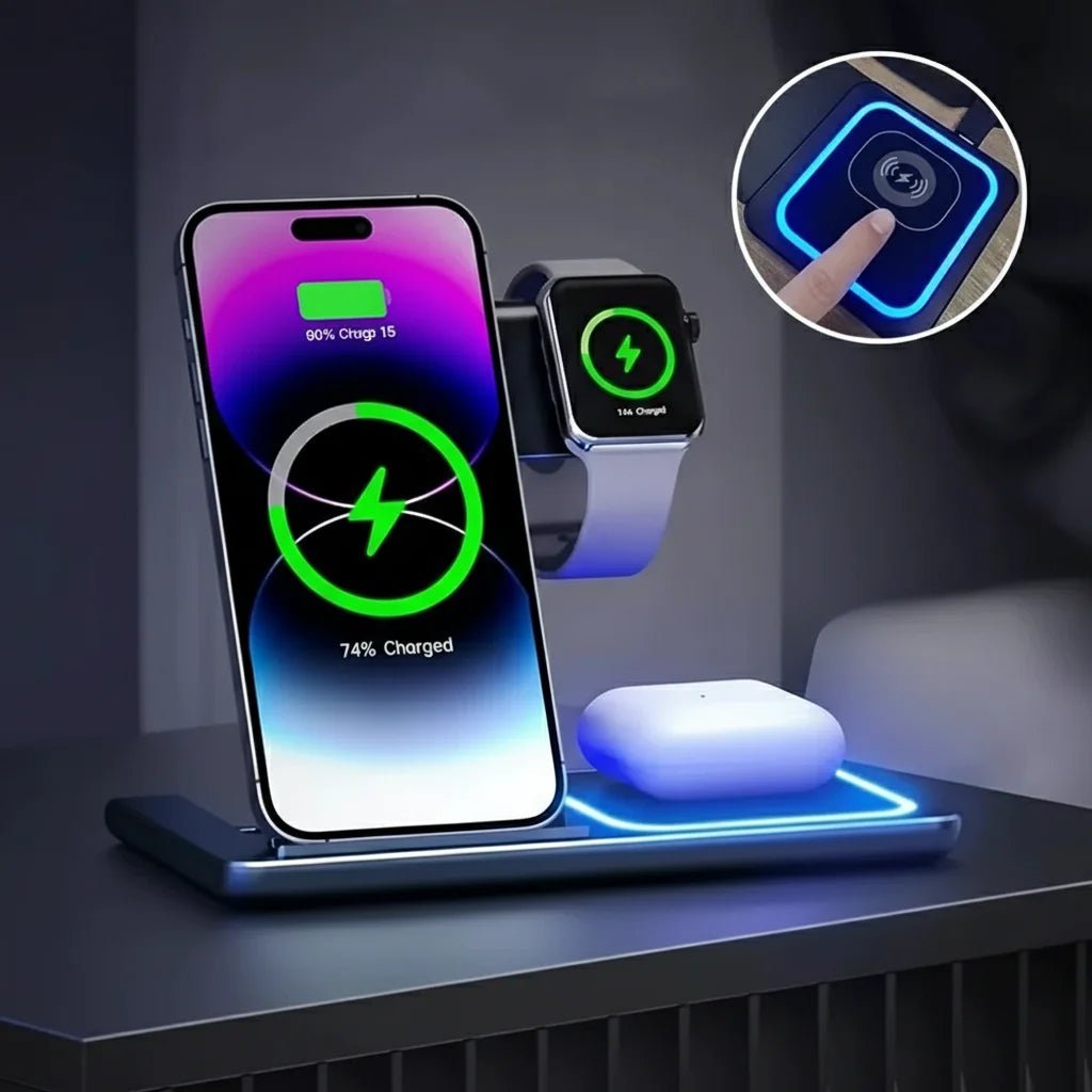 Station de charge 3-en-1 Harmony Threads pour smartphones, montres et écouteurs, design élégant et pratique.