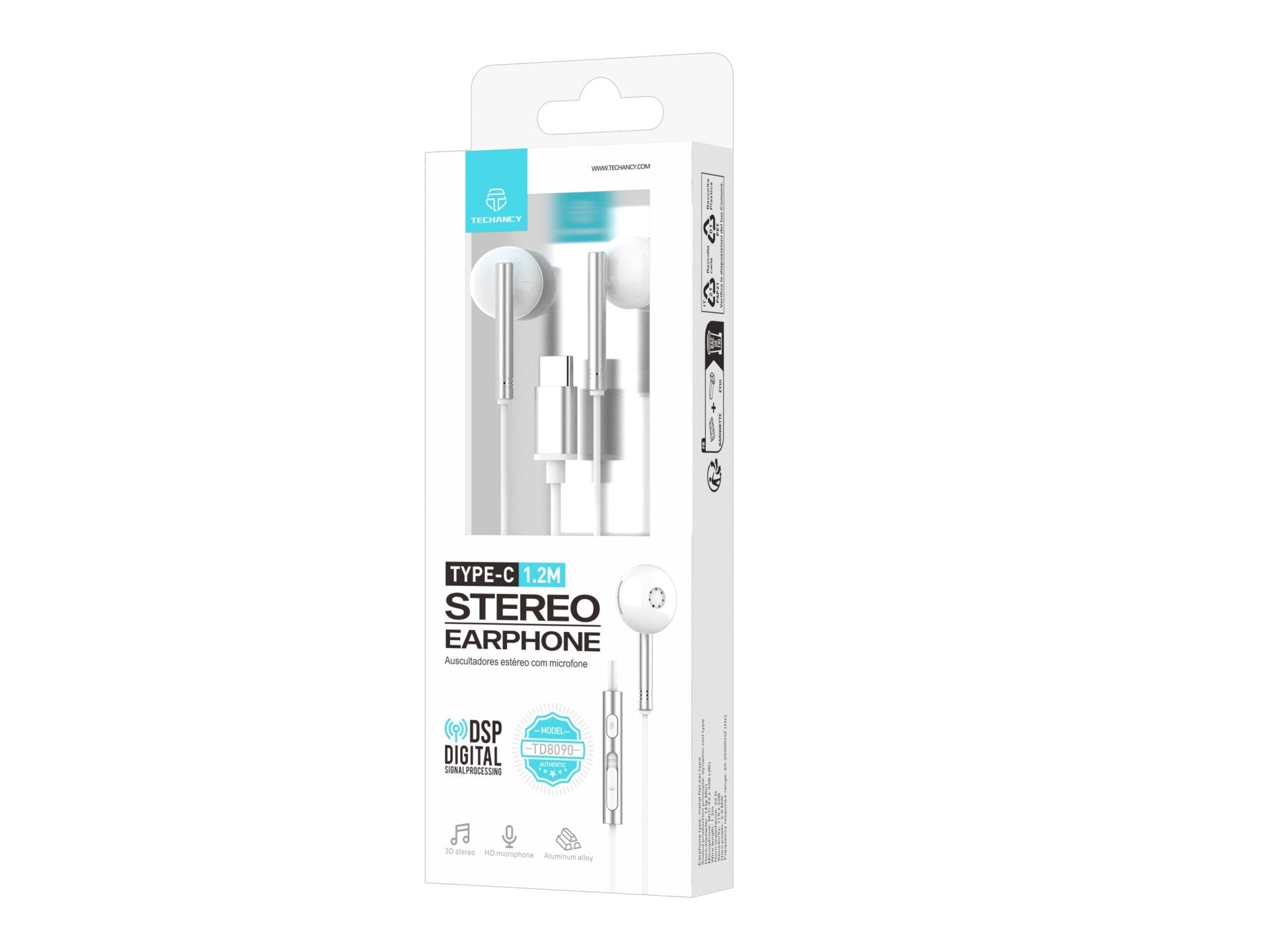 Écouteurs stéréo en métal blanc Techancy TD8090 avec port USB-C, compatibles Samsung, Huawei, Xiaomi, avec design moderne naturel.