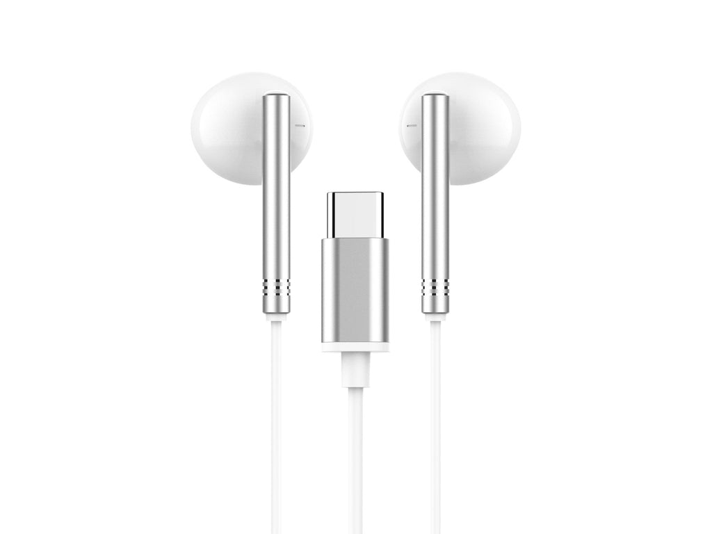écouteurs stéréo Techancy en métal blanc avec port USB-C, compatibles Samsung, Huawei et Xiaomi, vue de côté