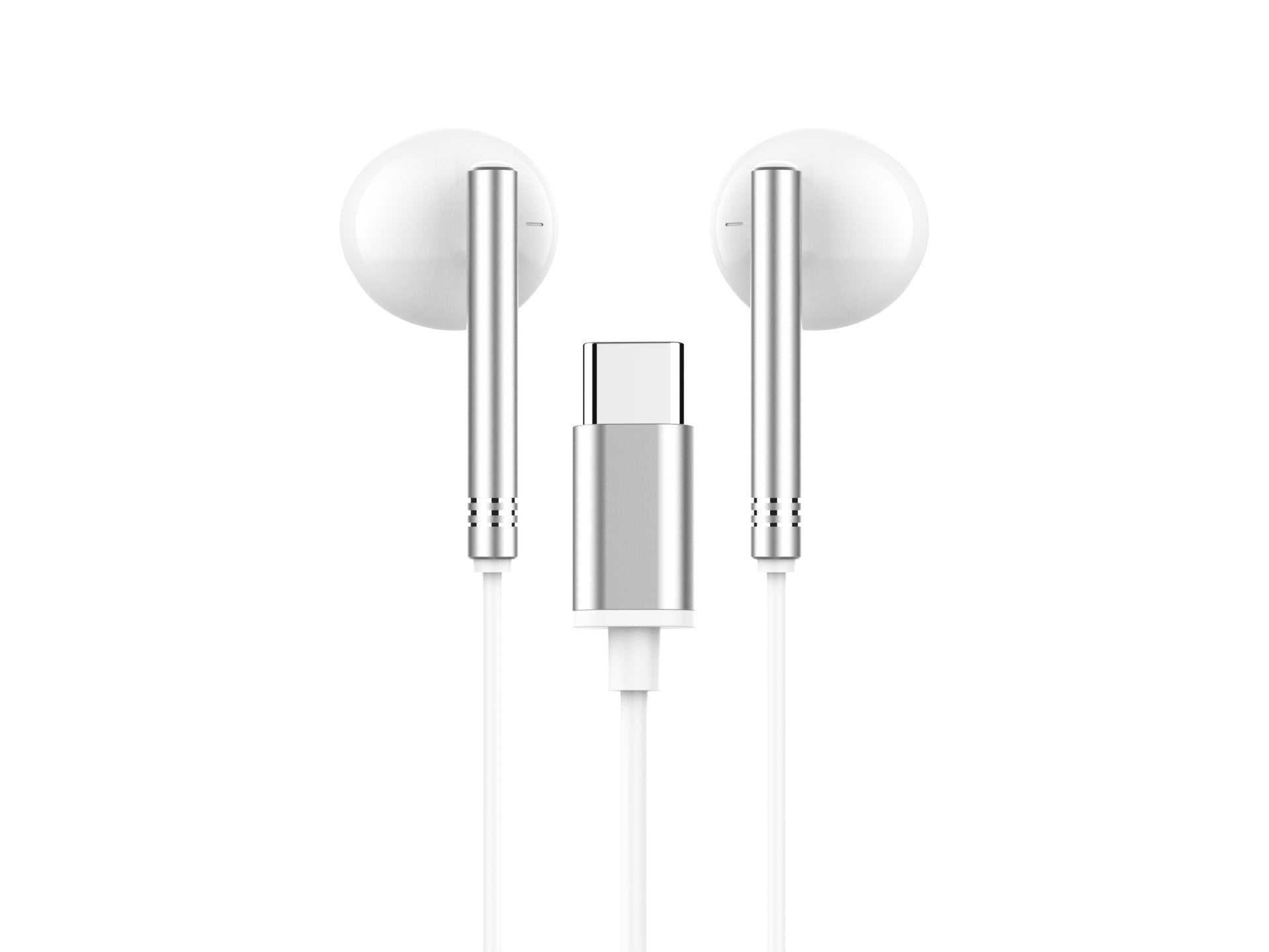 écouteurs stéréo Techancy en métal blanc avec port USB-C, compatibles Samsung, Huawei et Xiaomi, vue de côté